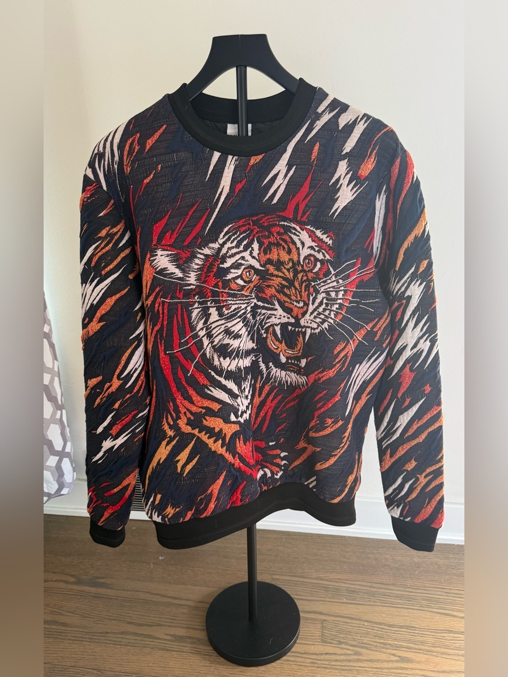 Zara Black Sweater with Red Orange and Cream Tiger Motif
